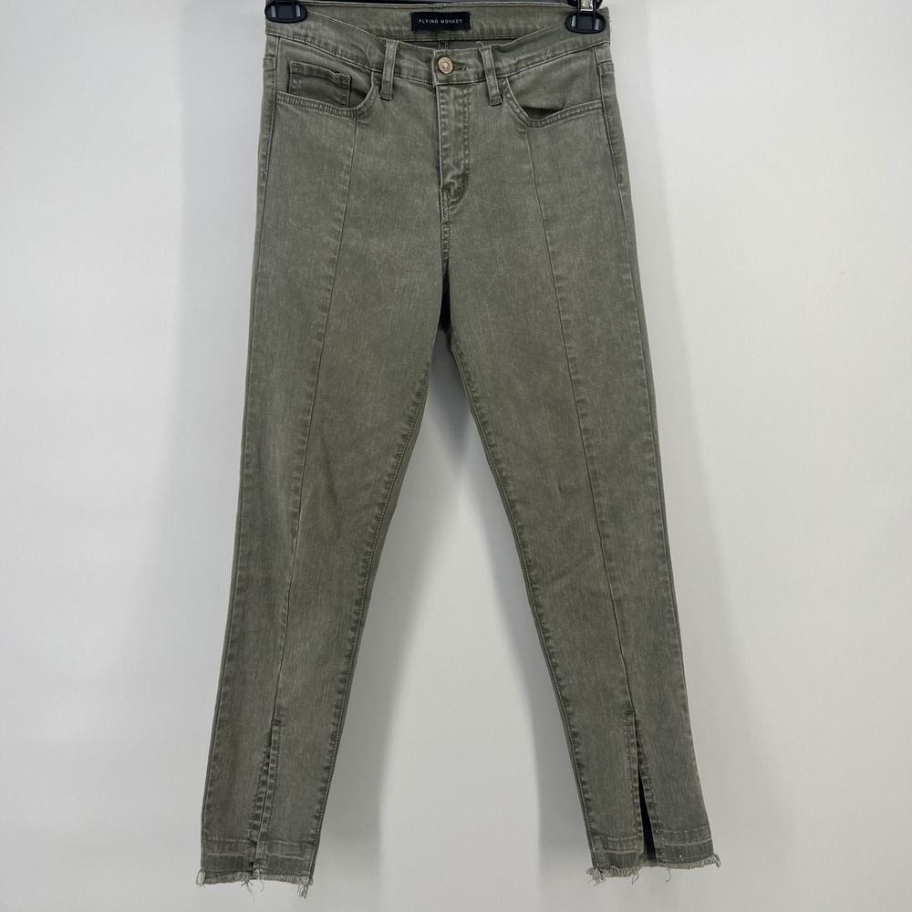 Flying Monkey Olive Green Front Seam Split Hem Skinny Jeans Size 28 USA Made